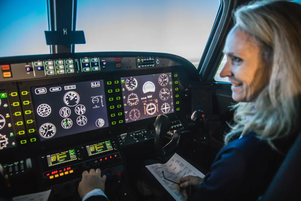 A view inside the cockpit of a flight simulator.